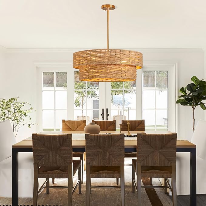 22.8in Woven Rattan Lighting Fixture, Large Boho Coastal Pendant Lights, 2-Tier Rope Chandelier with Fabric Shade for Kitchen Island, Dining Room, Bedroom, Restaurant, Hallway