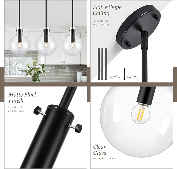 Black Pendant Lights Kitchen Island 2 Pack, 8" Large Globe Glass Hanging Light Fixtures with Clear Glass, Modern Kitchen Pendant Lighting Over Island for Sink Bathroom, OS-JJ528-2PBK