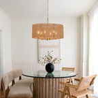 Hand-Woven Rattan Chandelier Vintage Farmhouse Boho Bamboo Golden Chandelier Light Fixture Retro Drum Wicker Gold Chandeliers for Dining Room, Kitchen Island, Living Room