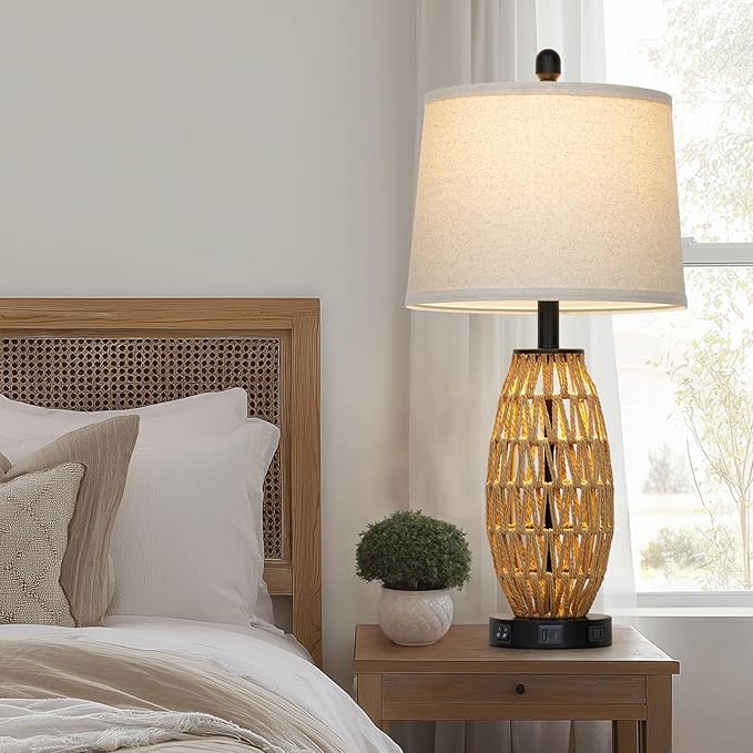27" Rattan Table Lamps Set of 2, Boho Wicker Lamp with Night Light, Bedside Lamps for Bedroom with USB A+C Charging Port & AC Outlet, Farmhouse Coastal Woven Lamp for Nightstand Living Room