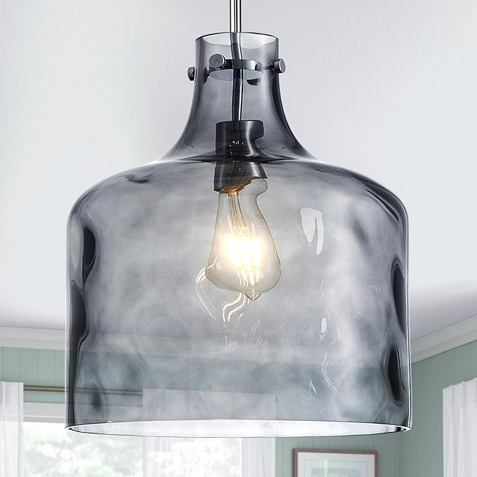 16" Extra Large Farmhouse Pendant Light – Hand-Blown Smoked Gray Hammered Glass Shade, Polished Chrome Finish, Adjustable Chain Hanging Light Fixture for Kitchen Island, Dining Room, Hallway