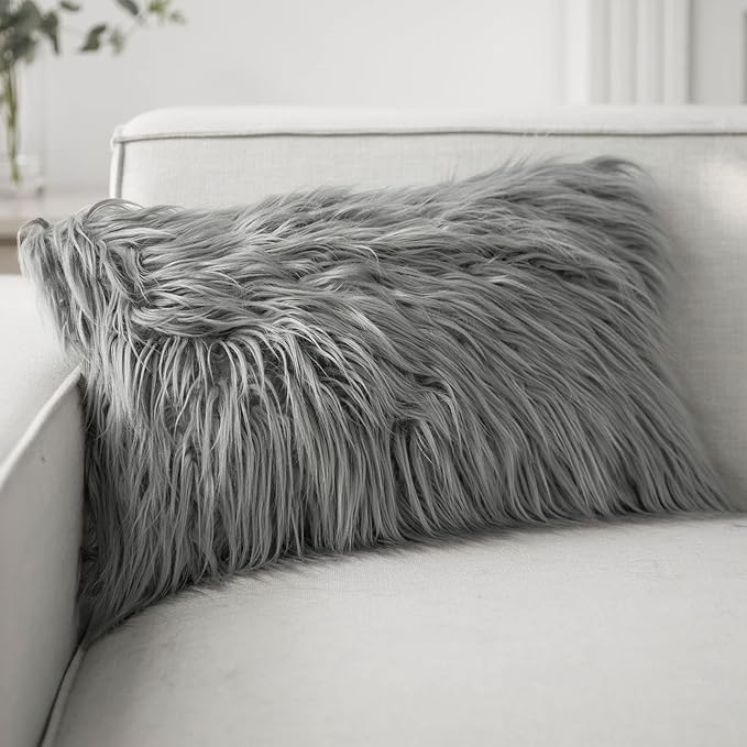 Phantoscope Faux Fur Solid Decorative Pillow Cover Fluffy Throw Pillow Mongolian Luxury Fuzzy Pillow Case Cushion Cover for Bedroom and Couch,Gray 12 x 20 Inches