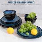 Dinnerware Set Blue 12 Pieces Service for 4, Stoneware Plates and Bowls Set Stoneware Set, Dishwasher Microwave Safe Dishes set