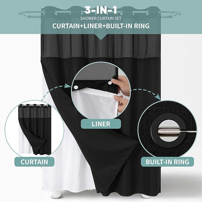 Black No Hook Waffle Weave Shower Curtain with snap-in Liner Replacement, 230GSM Waterproof Fabric Hotel Shower Curtain Set for Bathroom, Through Mesh Top Window,60Wx74H
