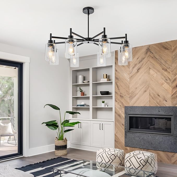 Matte Black Chandeliers for Dining Room, Farmhouse Chandeliers 8 Light Dining Room Light Fixture with Clear Glass Shades Pendant Lighting for Kitchen Island Living Room Staircase