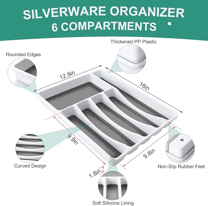 61Pcs Silverware Set with Organizer, Silver Stainless Steel Flatware Set for 10 Cutlery Utensil Sets with Steak Knives, Spoons and Forks Set, Dishwasher Safe