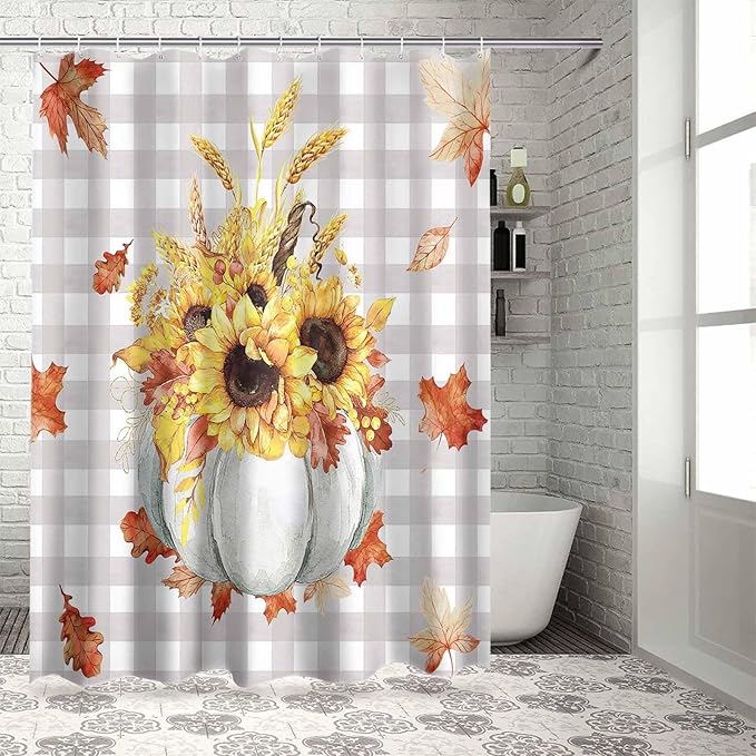 Vandarllin Fall Pumpkins Leaves Shower Curtain, Thanksgiving Shower Curtains Set with Hooks, Rustic Farmhouse Gray Buffalo Plaid Waterproof Fabric Bathroom Decor Home Accessories,Stall 48 X 72 Inch