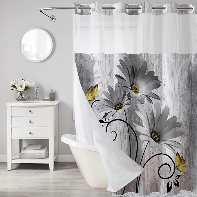 Muuyi Grey Watercolor Floral Shower Curtain,No Hook Shower Curtain,Polyester Shower Curtains with Snap in Fabric,Sheer Top Window for Bathroom Decor,Waterproof & Washable,72W x 75L Inch