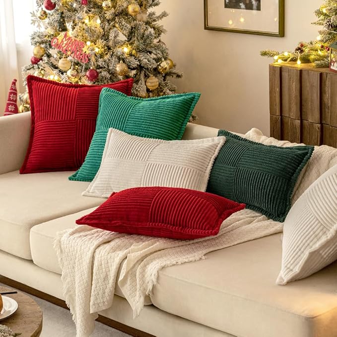 MIULEE Christmas Decorative Throw Pillow Covers for Couch Bed Livingroom 12x12 Inch Set of 2 Dark Green Boho Accent Throw Pllows Broadside Striped Patchwork Soft Corduroy Pillowcases