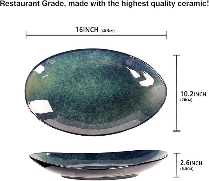 Ceramic Serving Platters Set of 2, 16 Inch Curved Oval Salad Plates for Entertaining, Modern Kitchen Dishes, Trays for Dinner, Fruit, Salad, Pasta, burgers - Dishwasher Microwave Safe