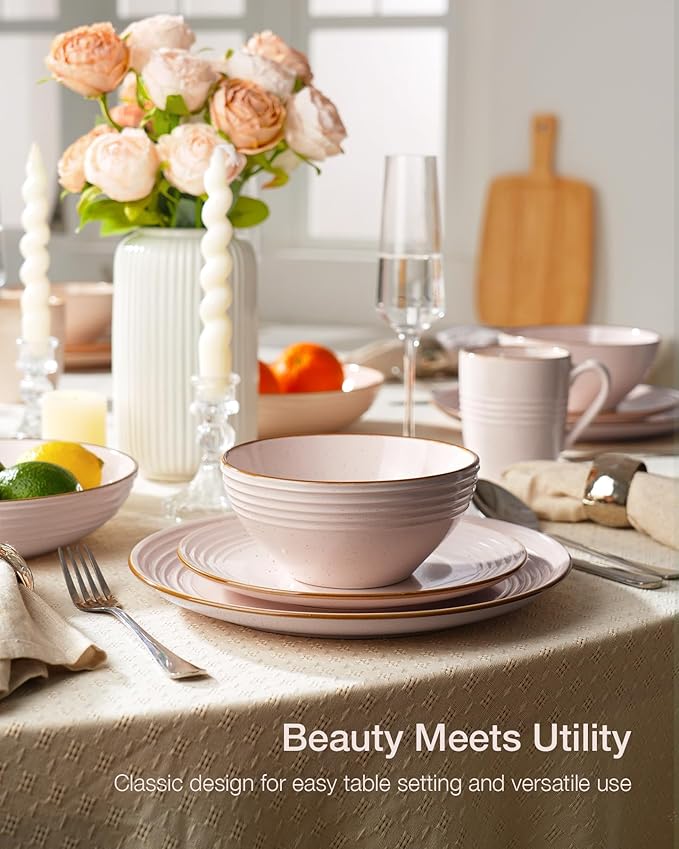 Famiware Jupiter Dinnerware Set with Pasta Bowl, Plates and Double Bowls Dish Sets for 4 (16 Pieces), Microwave and Dishwasher Safe, Chip and Scratch Resistant, Light Pink