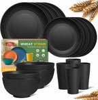Teivio 16-Piece Kitchen Plastic Wheat Straw Dinnerware Set, Service for 4, Dinner Plates, Dessert Plate, Cereal Bowls, Cups, Unbreakable Plastic Outdoor Camping Dishes, Black Matte