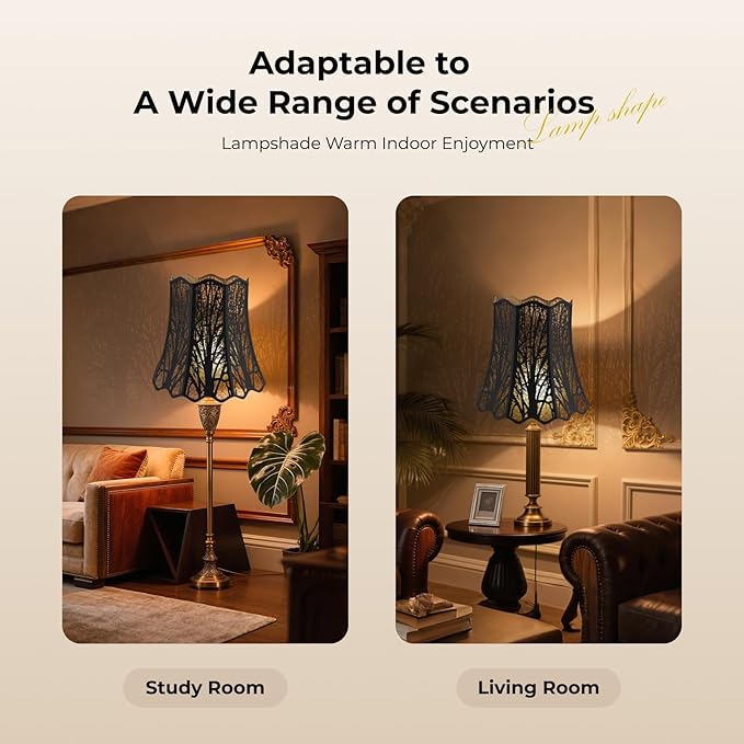 Etched Court Style Metal Lamp Shade, Large Upper and Lower Wave Lampshade with Forest Tree Pattern, 10"Top x 16" Bottom x 14.75" High, lron Cover shade for Table Lamps, Floor Lamps (Black/Gold)