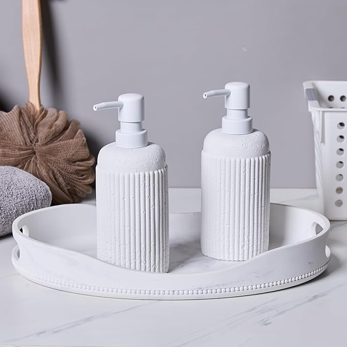 2Pcs White Natural Travertine Textures Hand Soap Dispenser Set, Small Bathroom Countertop Resin Liquid Soap Dispensers, Kitchen Dish Wash Soap Dispensers,Refillable Dispenser with Vertical Stripe