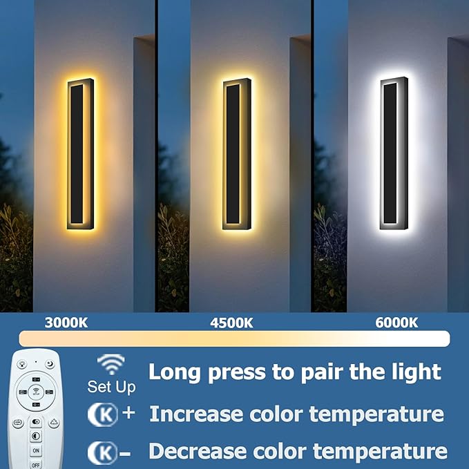 Picico 2pcs 24in Modern LED Outdoor Wall Lights, Dimmable Black Exterior Wall Sconce Lighting Fixtures, Rectangular Mini Outdoor Garage Lights, 360° Beam Angle,Vertical Outdoor Lights for House Porch