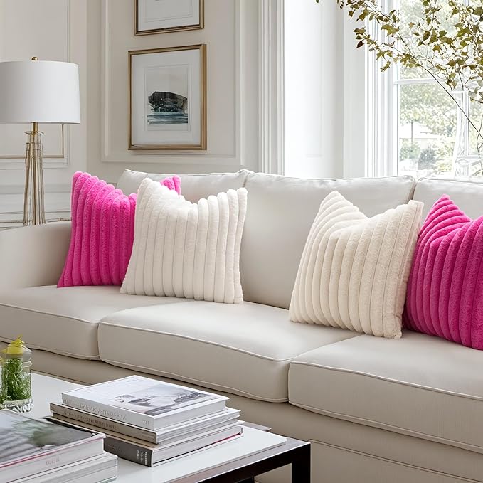MIULEE Faux Fur Decorative Throw Pillow Covers 20x20 Inch Set of 2, Retro Vintage Boho Home Decor Soft Plush Couch Pillows Cozy Fluffy Cushion Covers for Sofa Bed Hot Pink