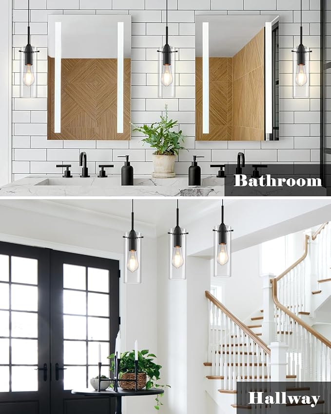 Black Pendant Lights Kitchen Island 3 Packs, Glass Pendant Light, Modern Clear Glass Pendant Light Fixture, Pendant Lights for Kitchen Island, Bedroom, Living Room, Bathroom
