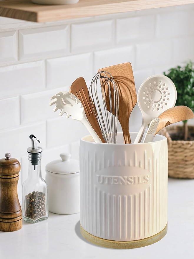 360° Rotating Utensil Holder, 7.6" Large Ceramic Kitchen Utensil Holder for Countertop with Bamboo Base, Stable Utensil Organizer, Farmhouse kitchen Decor, White
