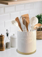 360° Rotating Utensil Holder, 7.6" Large Ceramic Kitchen Utensil Holder for Countertop with Bamboo Base, Stable Utensil Organizer, Farmhouse kitchen Decor, White