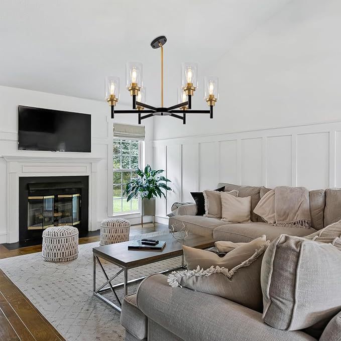 6 Light Dining Room Light Fixture Black & Brushed Brass Gold Farmhouse Chandelier Over Table Modern Hanging Pendant Lighting for Living Room Foyer Kitchen Adjustable Height E26 Socket
