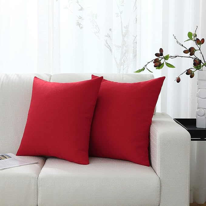 Jeneoo Decorative Christmas Red Throw Pillow Covers Rustic Farmhouse Square Linen Burlap Soft Comfy Solid Cushion Couch Cases for Sofa Living Room (Set of 2, 18 x 18 Inches)