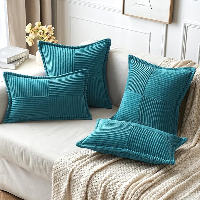 MIULEE Decorative Throw Pillow Covers for Couch Bed Livingroom 20x20 Inch Set of 2 Teal Blue Boho Accent Throw Pllows Broadside Striped Patchwork Soft Corduroy Summer Coastal Pillowcases