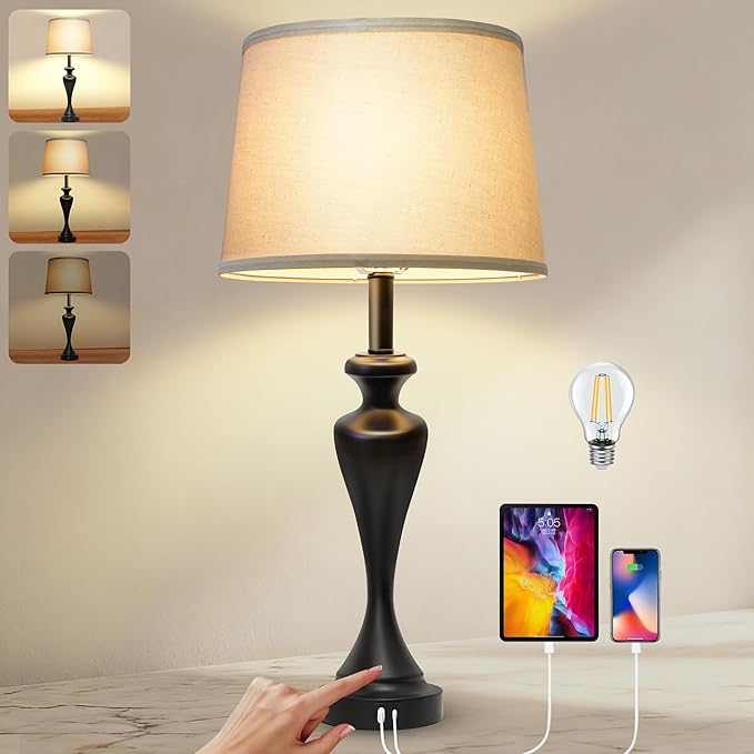 28.5" Tall Touch Table Lamp for Bedroom, Bedside Lamps with USB C+A & AC Port, 3 Way Dimmable Lamps for Night Stands, 2700K Black Farmhouse Bedroom Lamp for Living Room End Tables Office Desk