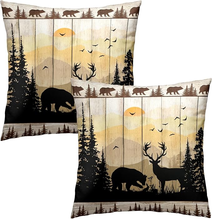 Rustic Deer Throw Pillows Cover Set of 2, Wild Animal Bear Wood Cabin Cotton Square Throw Pillow Case Decorative Cushion Cover Pillowcase Sofa 22"x 22"