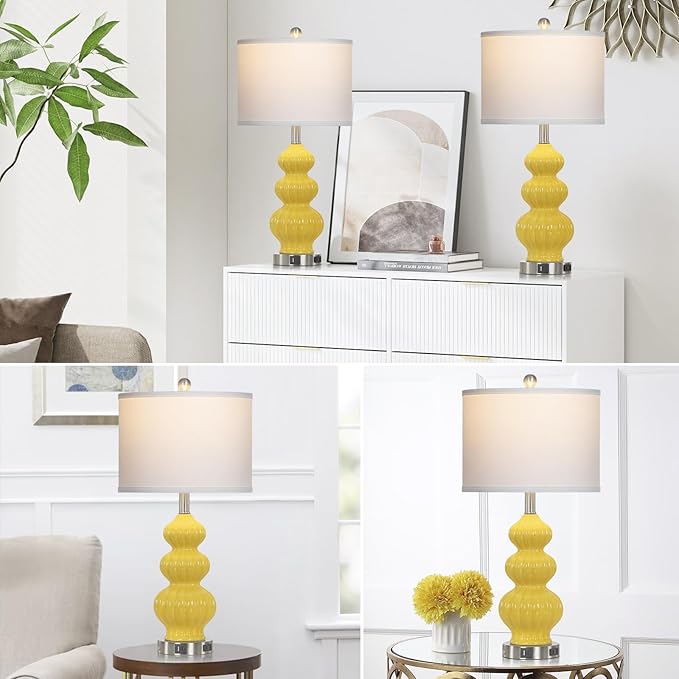 Triple Gourd Ceramic Table Lamps Set of 2, Modern Yellow Bedside Lamps with USB A+C Ports & AC Outlet, 3 Way Touch Control Contemporary Nightstand Lamps for Bedroom Living Room