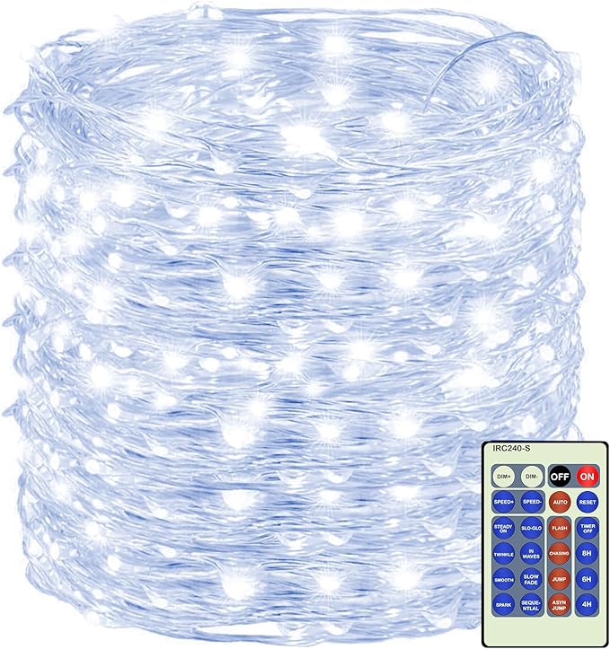 Decute 300Led 99FT Silver Wire Christmas Fairy String Lights Dimmable with Remote Control Starry Lights with UL Cerficated Decorative for Party Wedding Bedroom Christmas Tree Cool White