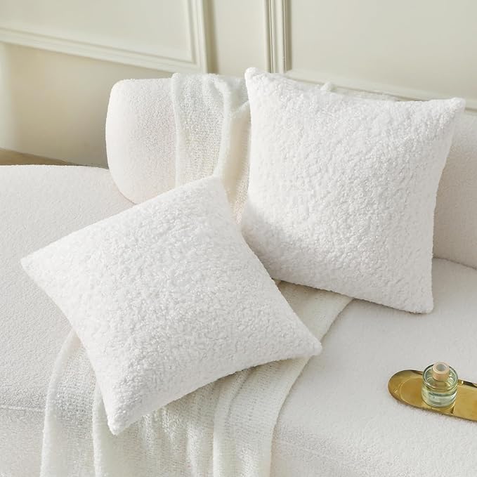 FUTEI Cream White Throw Pillow Covers 24x24 Inch Set of 2,Furry Faux Fur Teddy Boucle Textured Cushion Covers,Soft Fluffy European Pillow Shams,Home Decor for Couch Bed Living Room Office Car