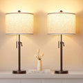 Table Lamps for Bedrooms Set of 2: 22" to 30" Height Adjustable Nightstand Lamps with White Linen Shade | Pull Chain Switch | Marble Base - 3 Way Dimmable Beside Lamp (Brown)