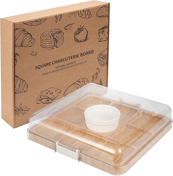 WILLKOMMEN Charcuterie Board with Lid- 9 Compartment Carbonized Bamboo Serving Tray with Locking Lid, Square Serving Platter Divided Serving Dishes for Party Cheese Snack Fruit