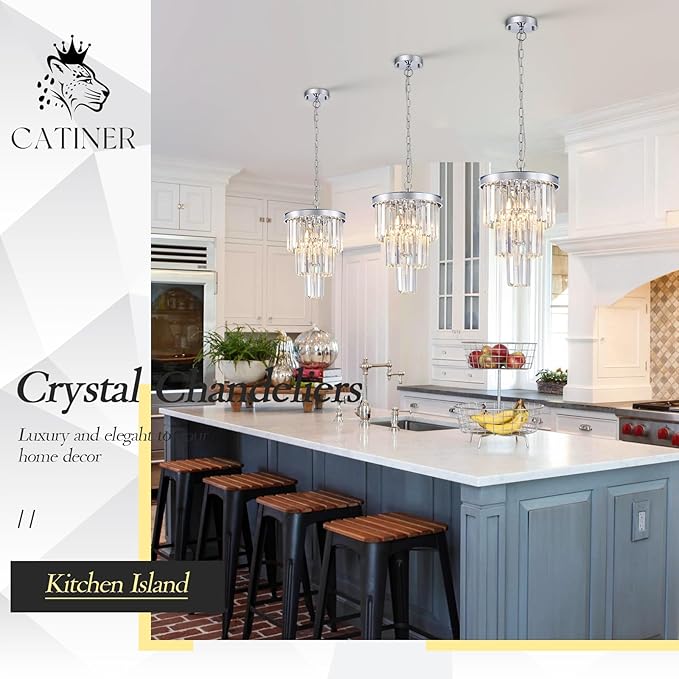 3 Pack Chrome Crystal Pendant Light, Modern 3 Tiers K9 Crystal Chandelier Mini Ceiling Pendant Light Fixture for Kitchen Island Dining Room Hallway Bedroom Closet