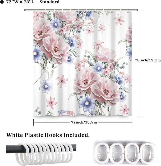 Colorful Floral Shower Curtain Watercolor Flower Modern Design Bathroom Curtain Girls Pretty Plant Decor Shower Curtain with Hooks Waterproof Polyester Fabric 72x78 Inch