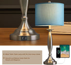 Oneach 27" Modern Table Lamps Set of 2 for Living Room Bedroom with USB A+C Charging Port,Brushed Steel Bedside Lamps for Night Stands,Fabric Drum Shade Nightstand Lamp Light for End Tables Home