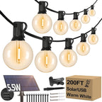 200FT(2 x100FT) G40 Solar String Lights, Globe Outdoor String Lights with 104 E12 Waterproof LED Bulbs, 2700K Shatterproof Patio Lights, Solar Powered Hanging Lights for Christmas Patio Backyard Porch