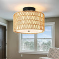 WILON Rattan Light Fixture Ceiling Mount, 3-Light Semi Flush Mount Ceiling Light Fixture with Fabric Shade, Modern Drum Woven Boho Light Fixture for Hallway Entryway Kitchen Bedroom Nursery Laundry