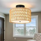 WILON Rattan Light Fixture Ceiling Mount, 3-Light Semi Flush Mount Ceiling Light Fixture with Fabric Shade, Modern Drum Woven Boho Light Fixture for Hallway Entryway Kitchen Bedroom Nursery Laundry