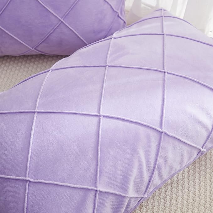 JAUXIO Diamond Pinch Pleated Crystal Velvet Pillowcases 2 Pack Solid Pintuck Throw Cushion Cover for Home Decor Hidden Zipper Closure (Lilac, King)