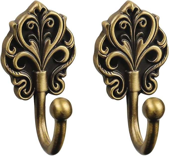 Solid Brass Wall Hooks 2 Pack – Heavy-Duty Decorative Coat Hooks with Antique Floral Design, Rustproof Hangers for Bathroom, Entryway, Bedroom, Closet