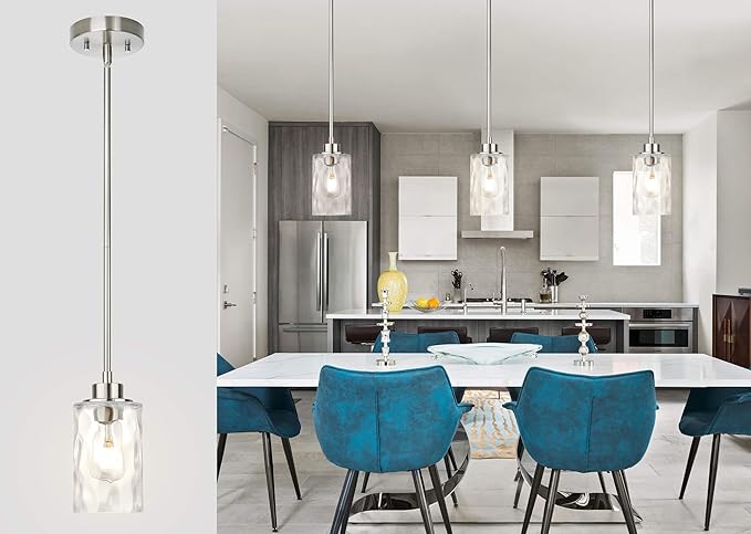 XiNBEi Lighting Mini Pendant Light 1 Light Glass Pendant Lighting, Modern Adjustable Kitchen Hanging Light Brushed Nickel Finish XB-P1227-BN