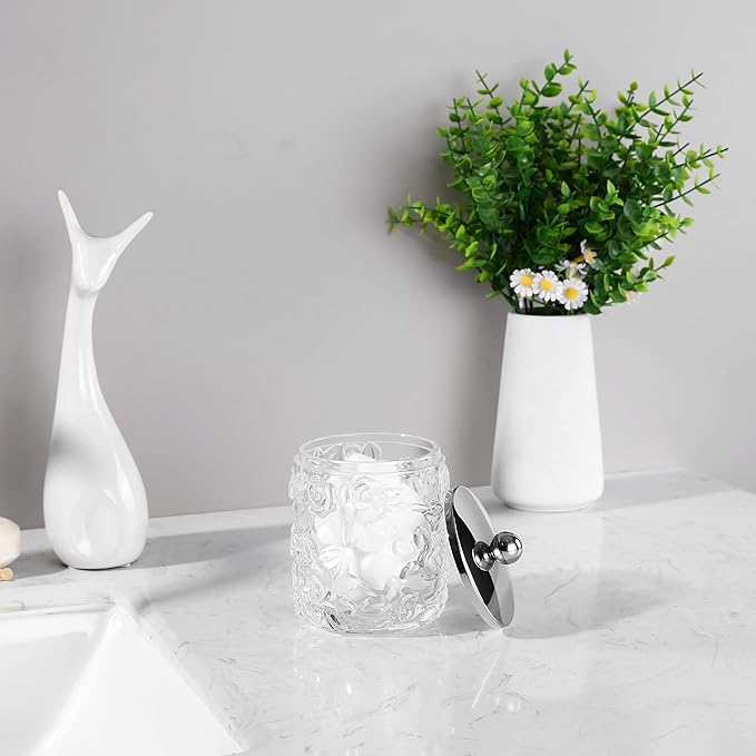 Home Glass Cotton Jar Holder Silver Lid, Elegant Bathroom Storage Canister for Qtips, Cotton Balls, Floss, Makeup Organizer, Vanity Bathroom Organization