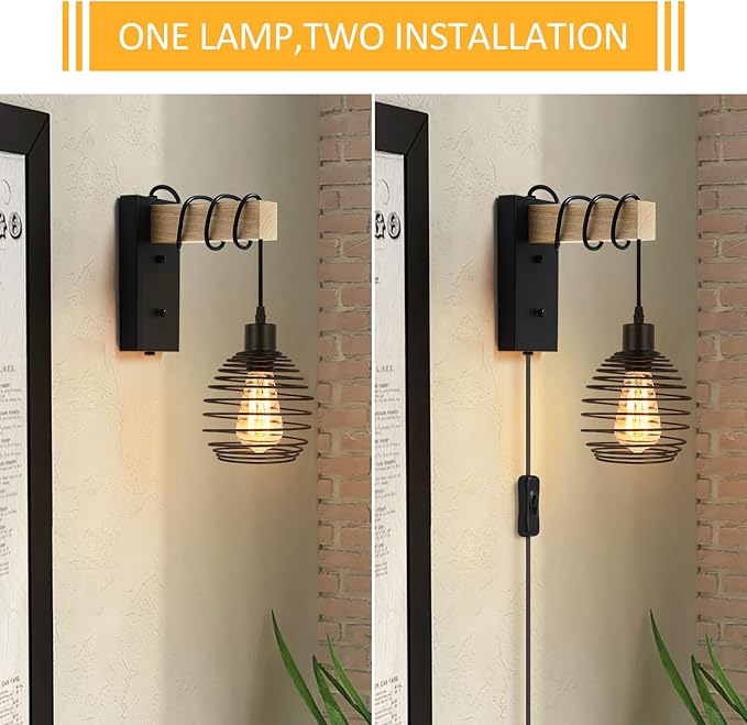 Plug in Wall Light Farmhouse Wall Lamps Set of 2 for Bedroom Industrial Wood Sconces Wall Light Fixtures with Metal Cage Lampshade for Living Room Home Office