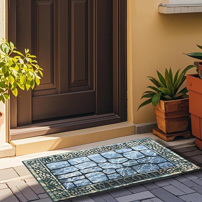 Door Mat Welcome Mat, Heavy Duty Door Mat 23.6 x 35.4 Inch Front Rug Doormat for Outdoor Entrance Home Non-Slip Rubber Rug for Front Door, Outside, Entryway, Patio (Blue Welcome)