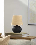 BoutiqueRugs Navarro Boho Ceramic Bedside Table Lamp for Bedroom Nightstand and Living Room - Shade Rattan - Black, Beige - 13" H
