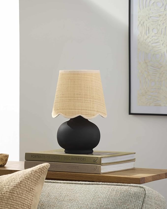 BoutiqueRugs Navarro Boho Ceramic Bedside Table Lamp for Bedroom Nightstand and Living Room - Shade Rattan - Black, Beige - 13" H