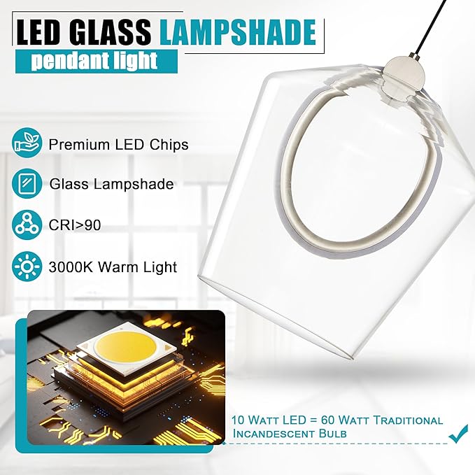 Modern Glass Pendant Lighting for Kitchen Island 1 Pack, Nickel LED Pendant Light Fixtures, Adjustable Hanging Ceiling Light, Angled Clear Glass Shades 8 Inch
