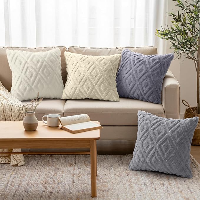 decorUhome Pack of 4 Faux Fur Throw Pillow Covers 18x18, Soft Decorative Couch Pillow Covers with Velvet Back for Modern Sofa Living Room, Grey/Beige