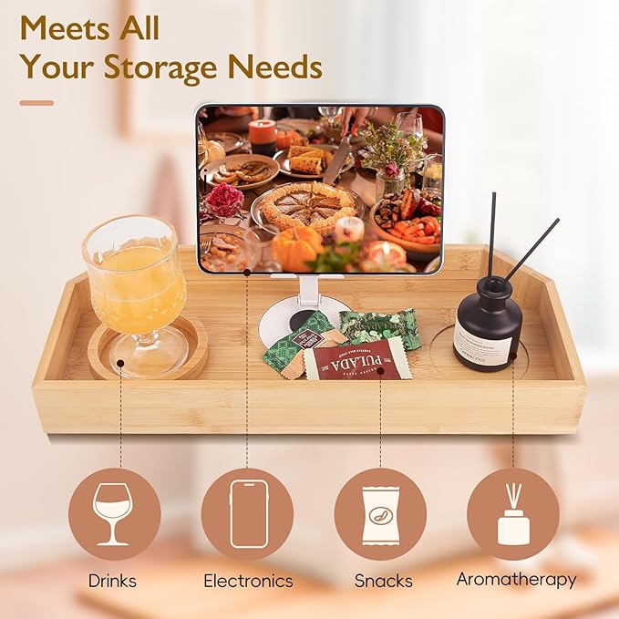 Bamboo Hot Tub Tray with Phone Slot Waterproof Bath Tub Tray Wood Non-Slip Side Table & Beverage Holder for Hot Tubs & Bathtubs for Drinks and Essentials Relaxation Caddy for Your Spa Time
